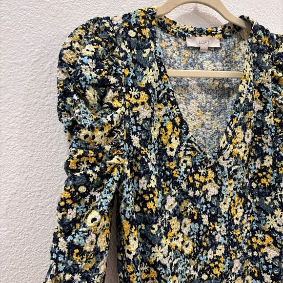 Loft | blue and yellow puff ruched long sleeve shirt - Picture 2 of 5